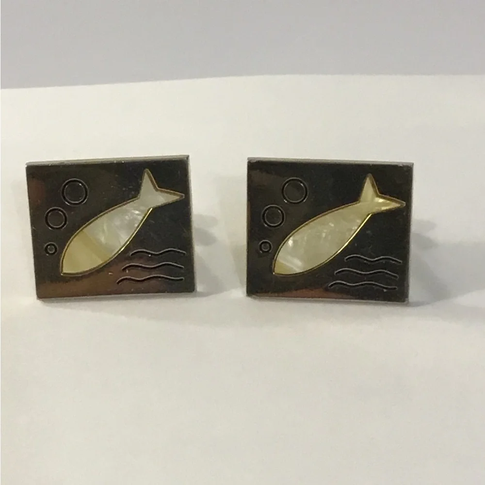 Vintage Mid Century Era SWANK Modernist MOP Fish Cufflinks